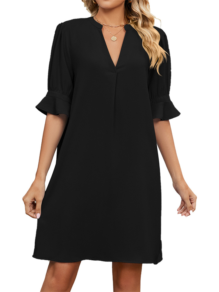 Women's New Summer Solid-color V-neck Loose Pleated Five-quarter Sleeve Dresses