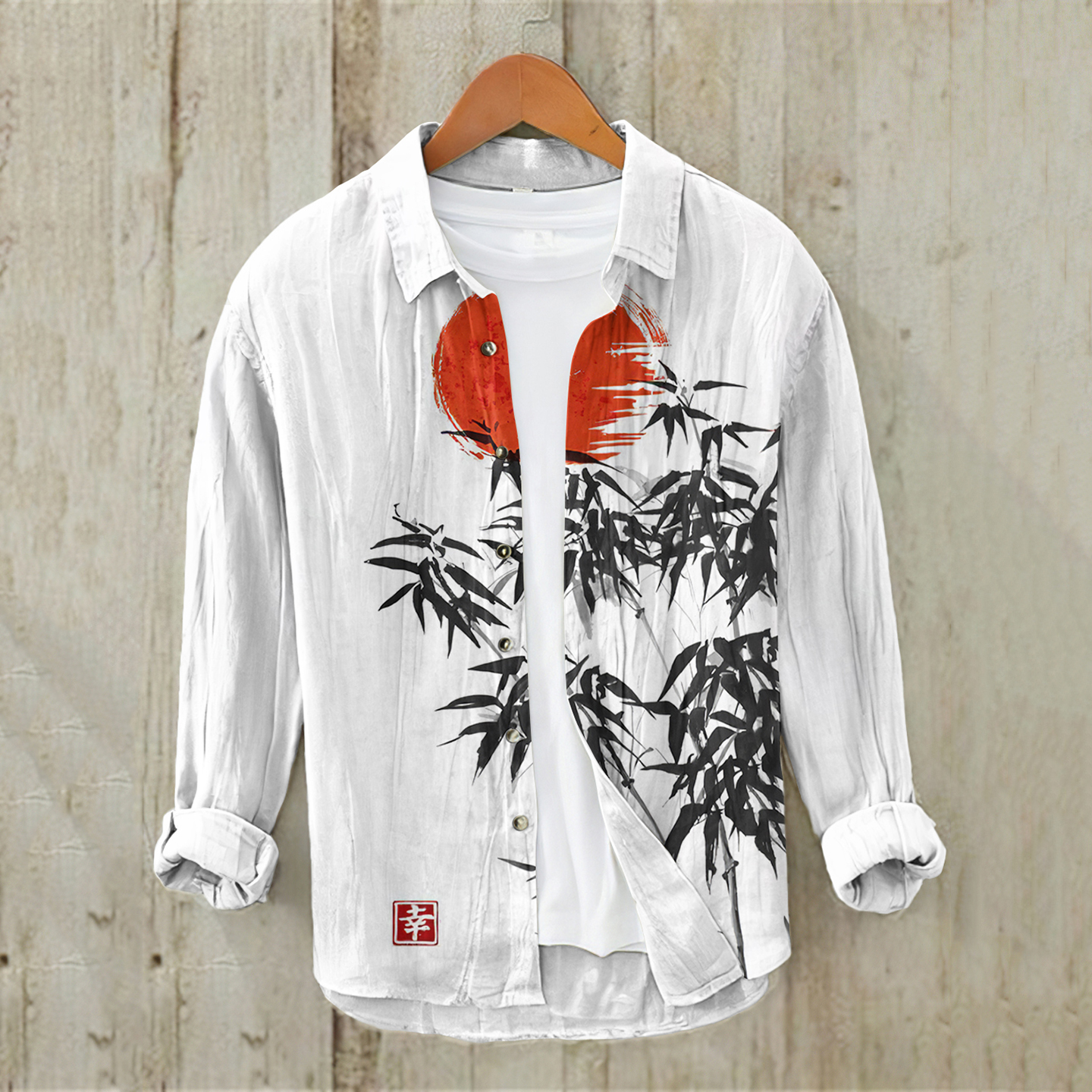 Japanese Bamboo Forest And Red Sun Art Casual Linen Blend Shirt  artssus