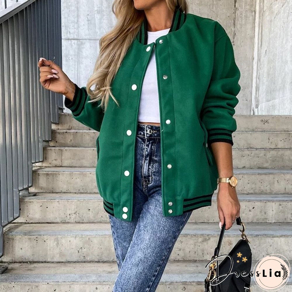 Fashion Contrast Woolen Jacket Women Casual Long Sleeve O Neck Single Breasted Coats Ladies Autumn Loose Pocket Baseball Uniform