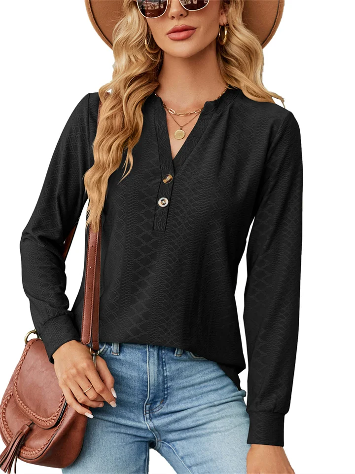 Autumn Urban Style Solid Color V-neck Button Jacquard Loose Long-sleeved Temperament Commuter T-shirt Tops for Women | 168DEAL
