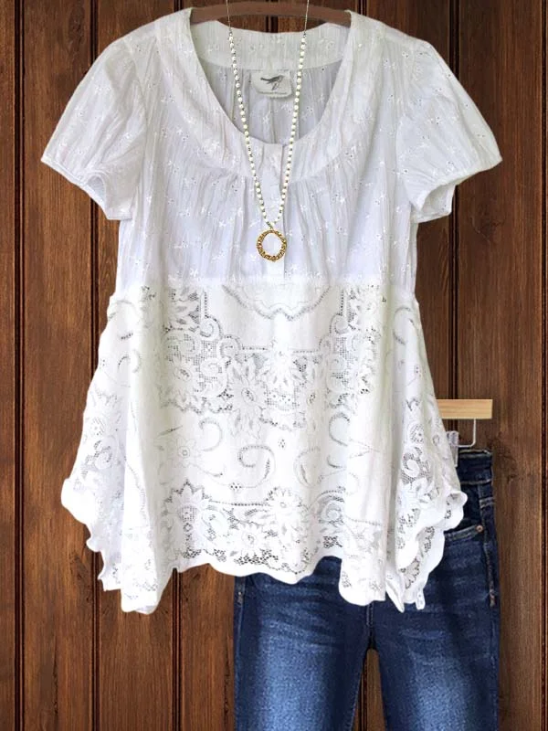 Holiday Lace Panel Short Sleeve Top