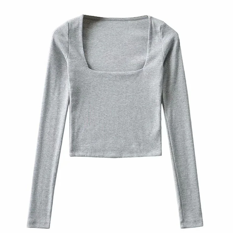 Toloer Women Cotton Ribbed Square Neck Crop Top With Long Sleeve