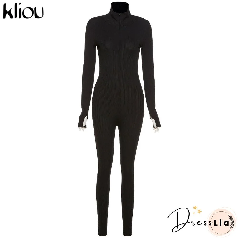 Kliou solid turtleneck full sleeve jumpsuits classic one piece women fitness slim rompers zipper long overall skinny jogger