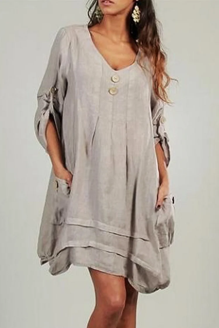 Cotton Linen V Neck Short Sleeve Dress