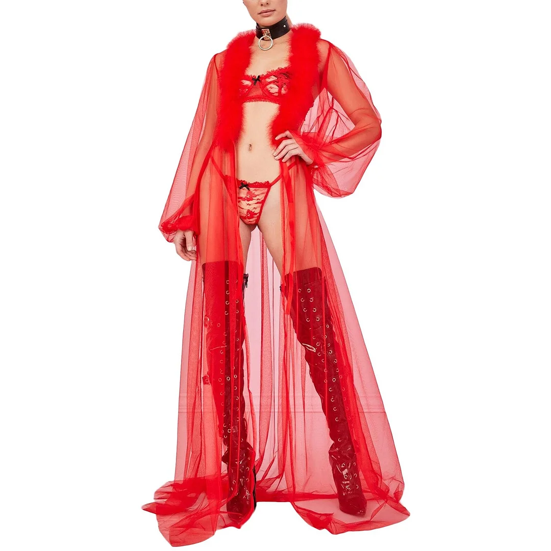 Sexy Women  Lace Sheer Mesh Tulle Perspective V neck layered Ruffles Maxi Floor Long Bath Robe Gown Sleepwear Dresses