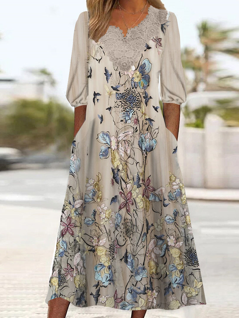 Women's 3/4 Sleeve V-neck Floral Printed Lace Stitching Midi Dress