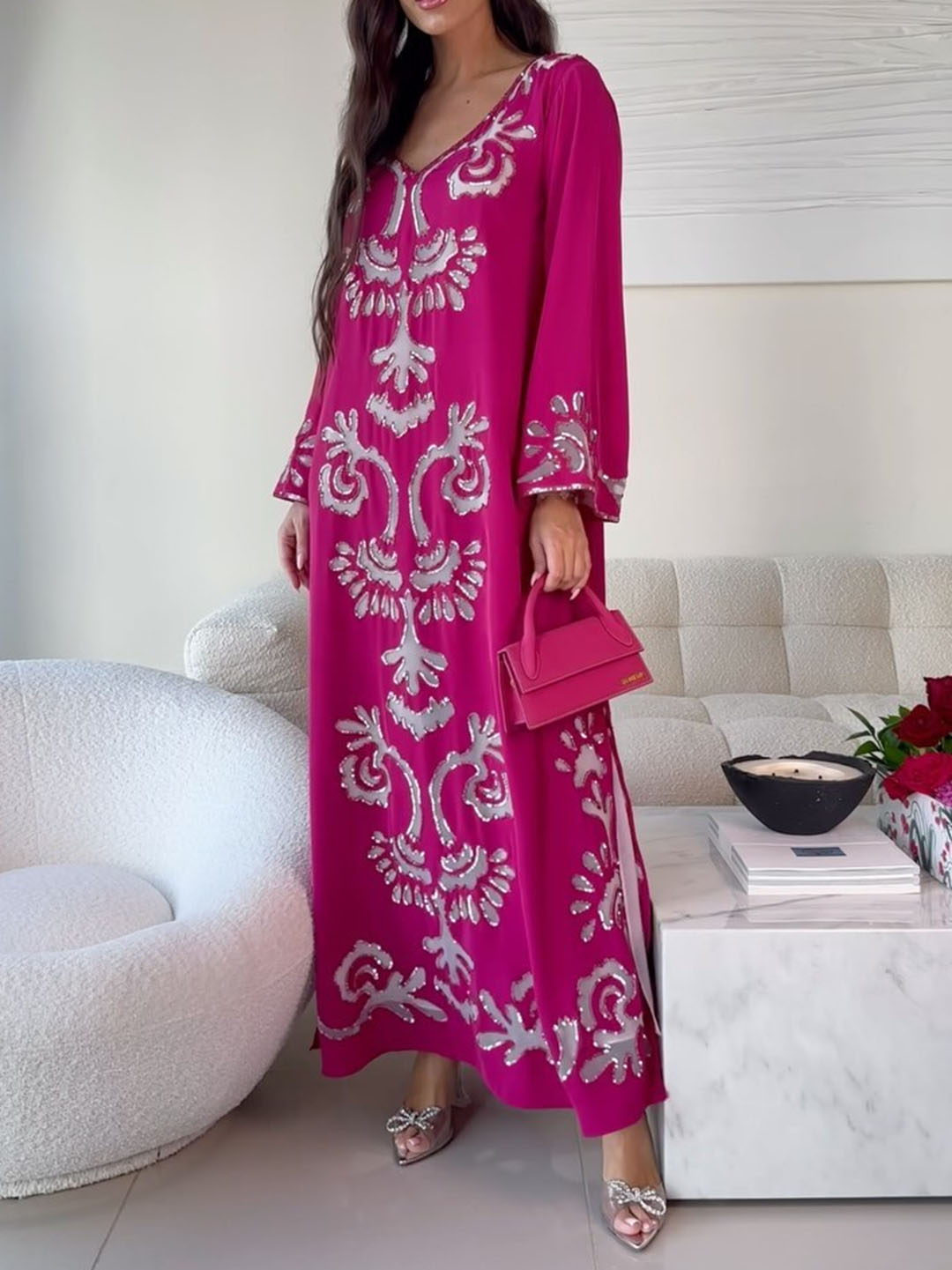 Simple Square Neck Sequined Long Sleeve Kaftan | Oxredo Shop Ramadan Sale