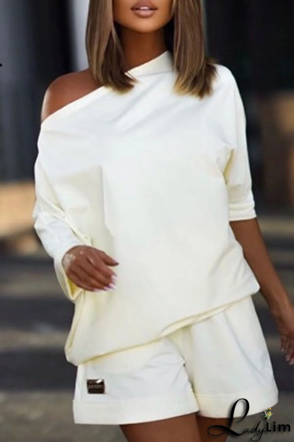 Tangerine Red Casual Solid Split Joint Asymmetrical Oblique Collar Long Sleeve Two Pieces