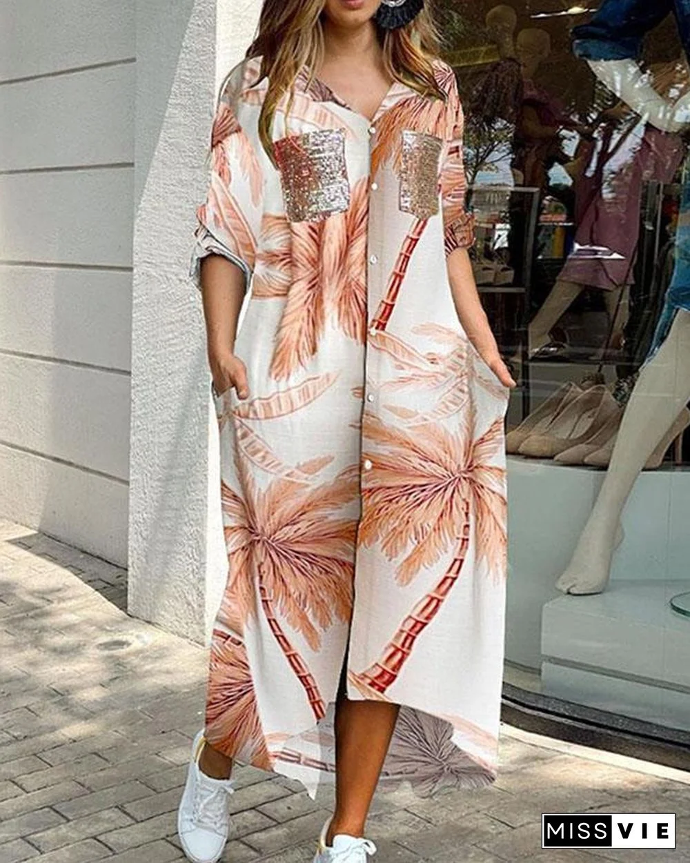 Camouflage Print Sequins Pocket Design Maxi Dress