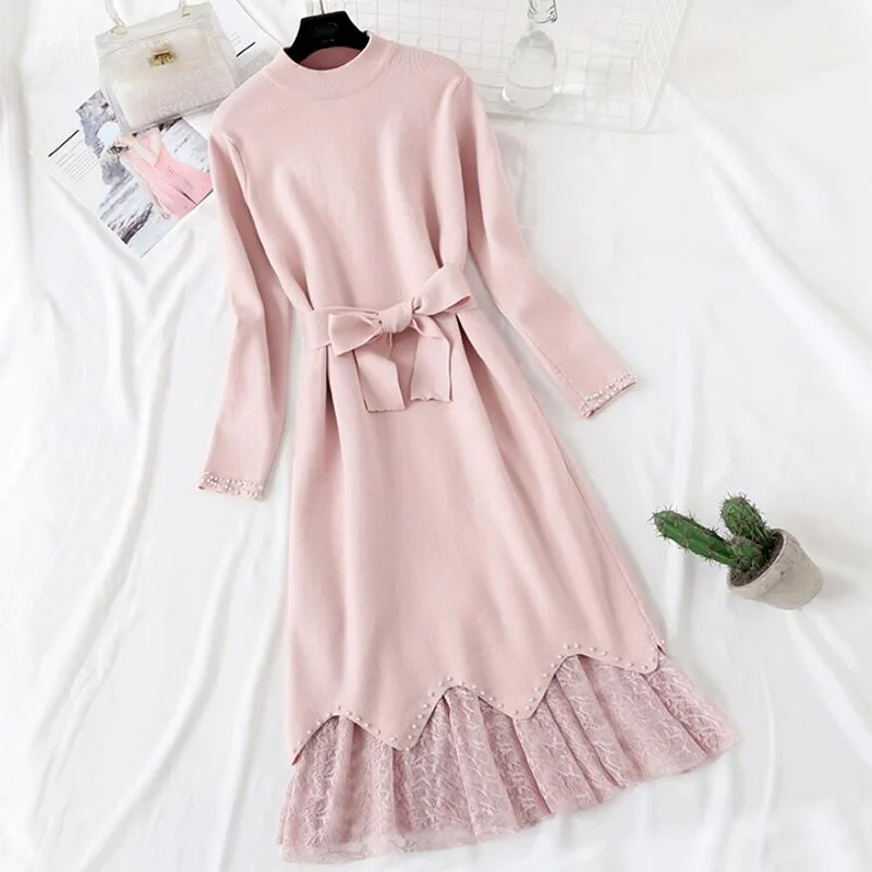 2020 New Autumn winter Knitted dress Women Casual Long Sleeve Sweater Tops + Lace Gauze Skirt Two Piece Suit Bandage Dress