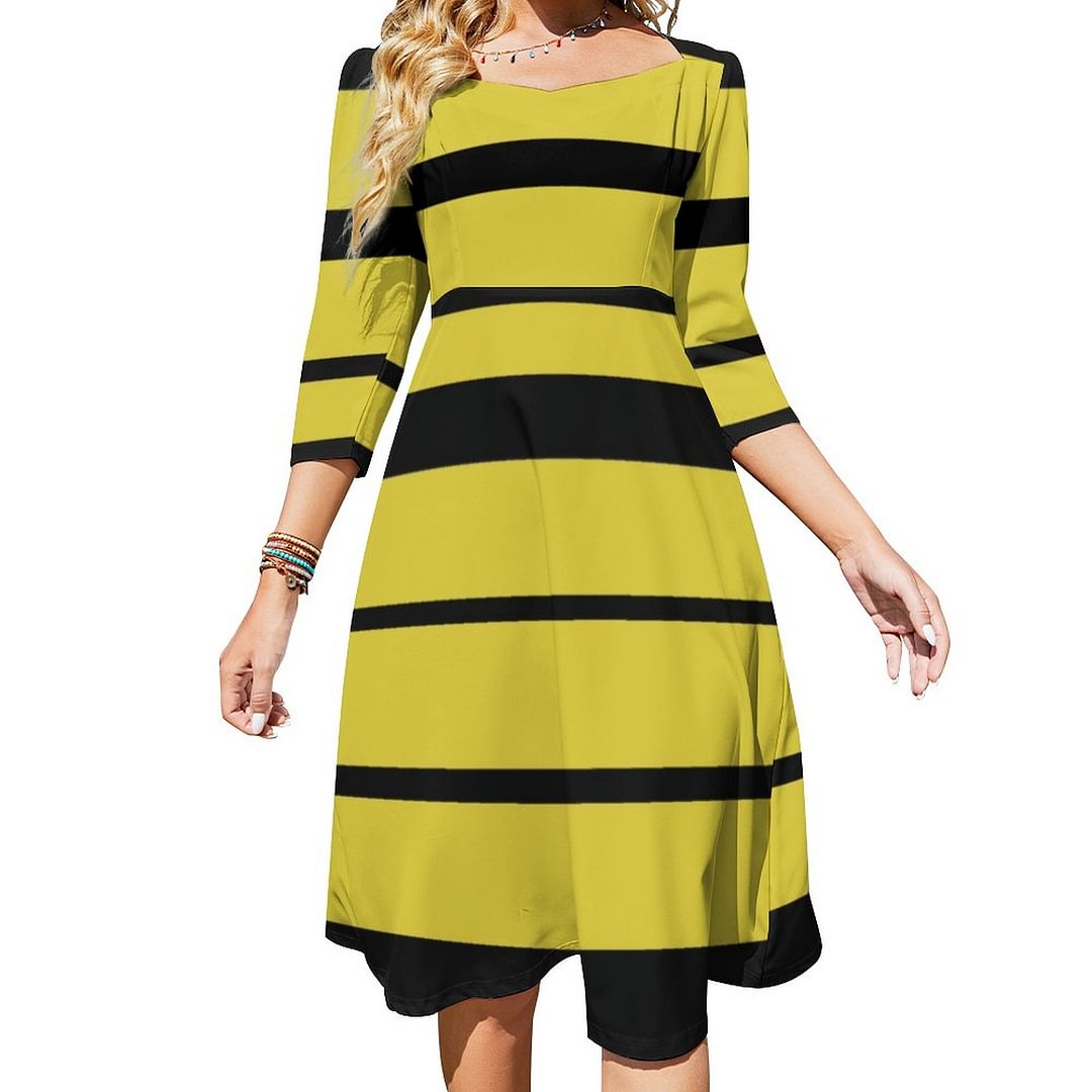 Black Yellow Bee Like Stripes Pattern Dress Sweetheart Tie Back Flared 3/4 Sleeve Midi Dresses