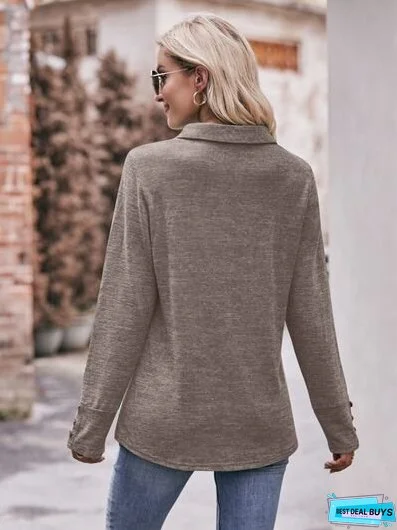 Decorative Button Johnny Collar Long Sleeve Blouse