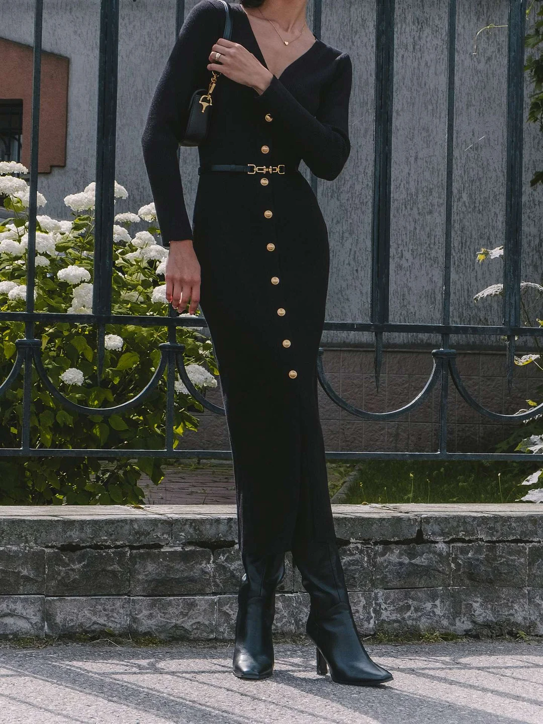 Uveng Uveng Long-Sleeved Knitted Dress Button-Button Fork 2024 Bag-Button Sweater Cardigan Skirt