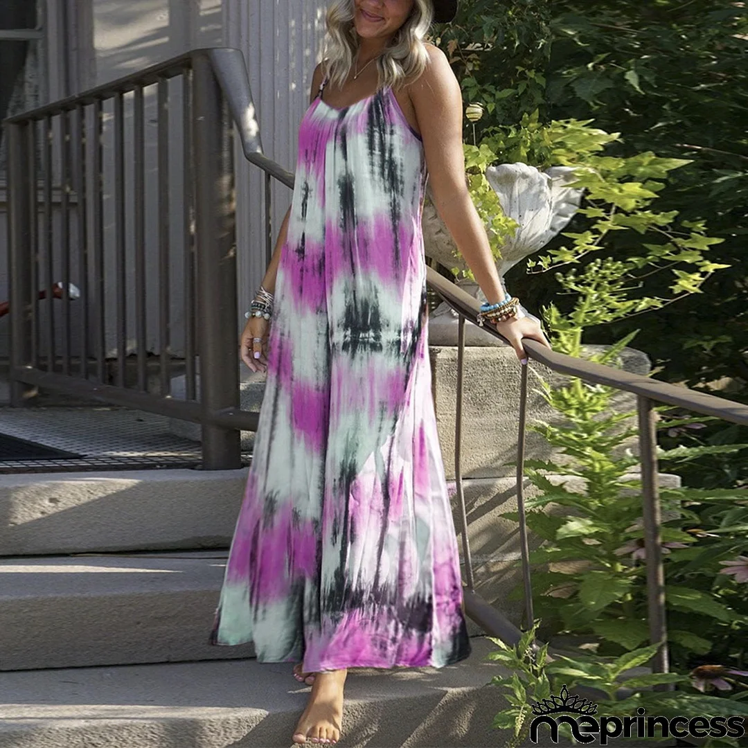 Women Casual Summer Vacation Tie Dye Print Loose Maxi Dress