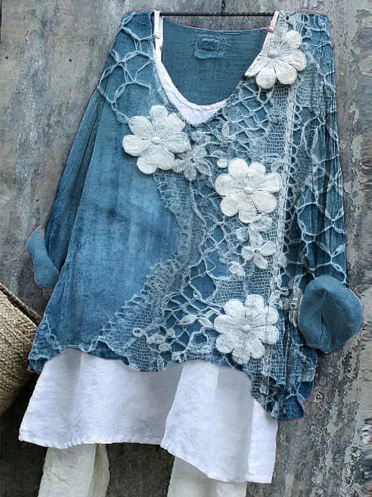 Women's Casual Floral Embroidery Art Linen Blend Retro Shirt