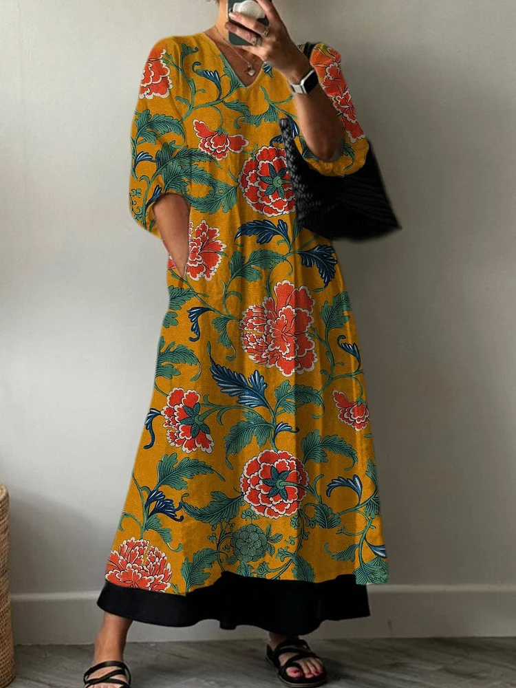 Women's  Boho Vintage Floral Print Pocket V-neck Cotton Dress