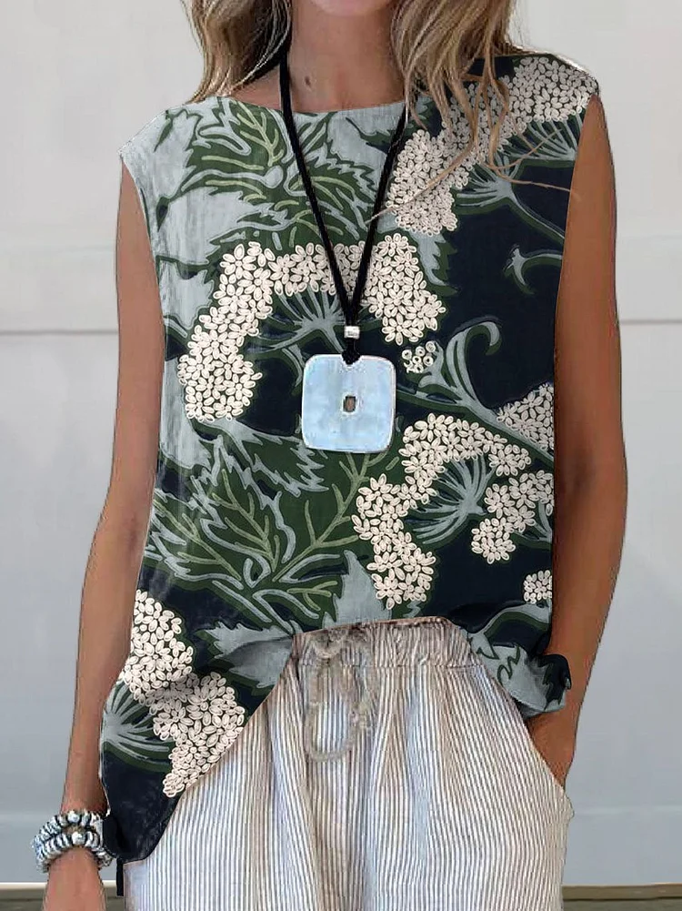 Women's Retro Elegant Floral Art Print Casual Cotton And Linen Tank Top