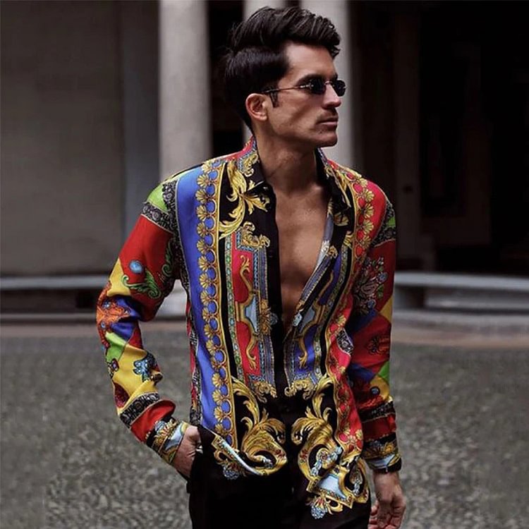 Men's Printed Long-Sleeved Shirt Casual Vacation Style Top