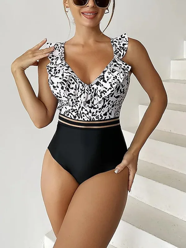 Leopard Print Stitching Contrasting Color Flying Back One-Piece Swimsuit