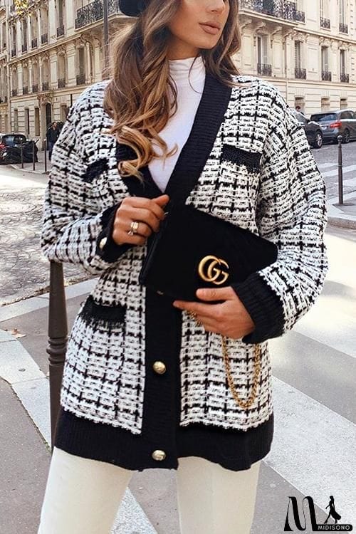 MidiSono - Pockets Button Plaid Cardigan