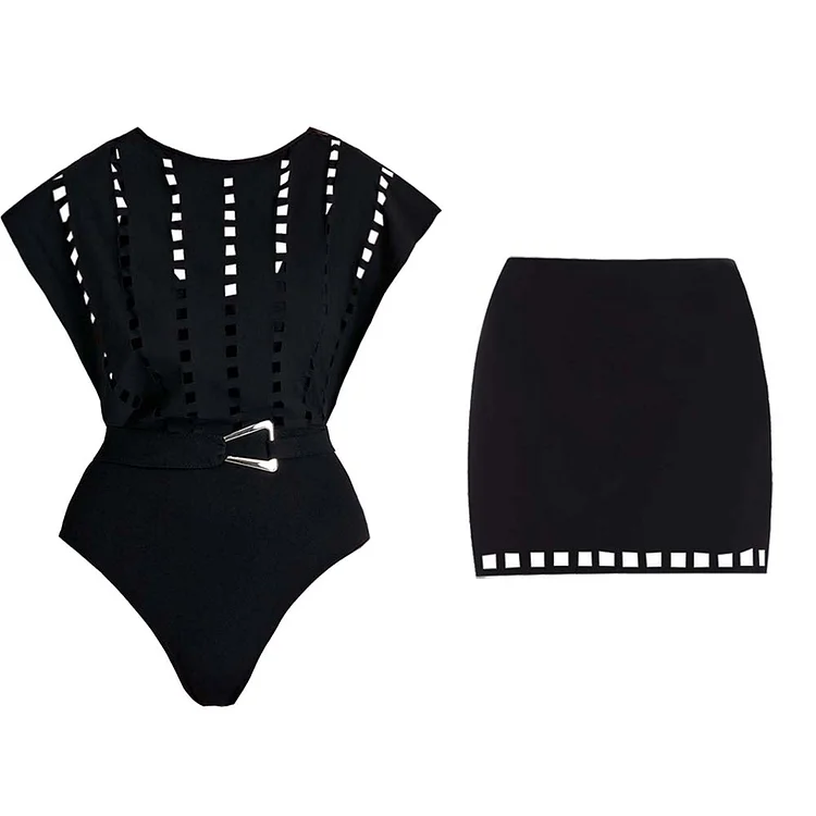 Black Hollow Design One Piece Swimsuit and Skirt