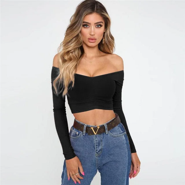 Fashion Casual Sexy Off Shoulder Solid Color Exposure T-shirt