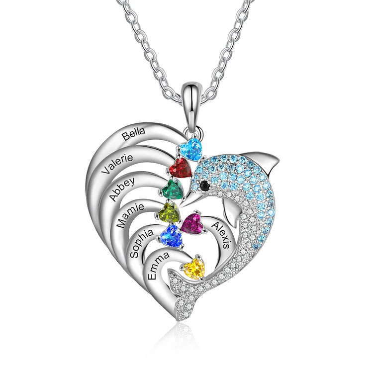 7 Names-Personalized Heart Dolphin Necklace With 7 Birthstones Engraved Names Gift For Her