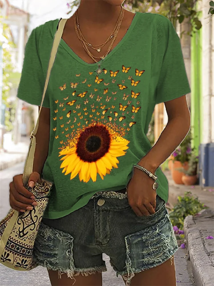 Comstylish Butterflies Sunflower Art V Neck T Shirt