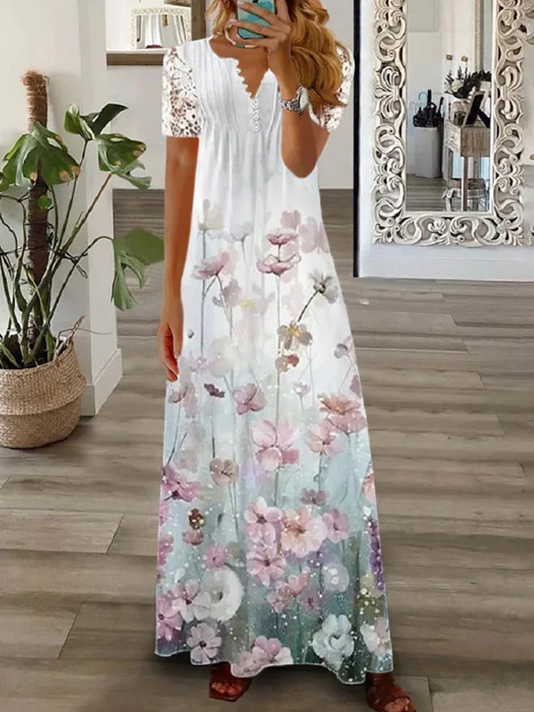 lace short sleeve temperament floral dress
