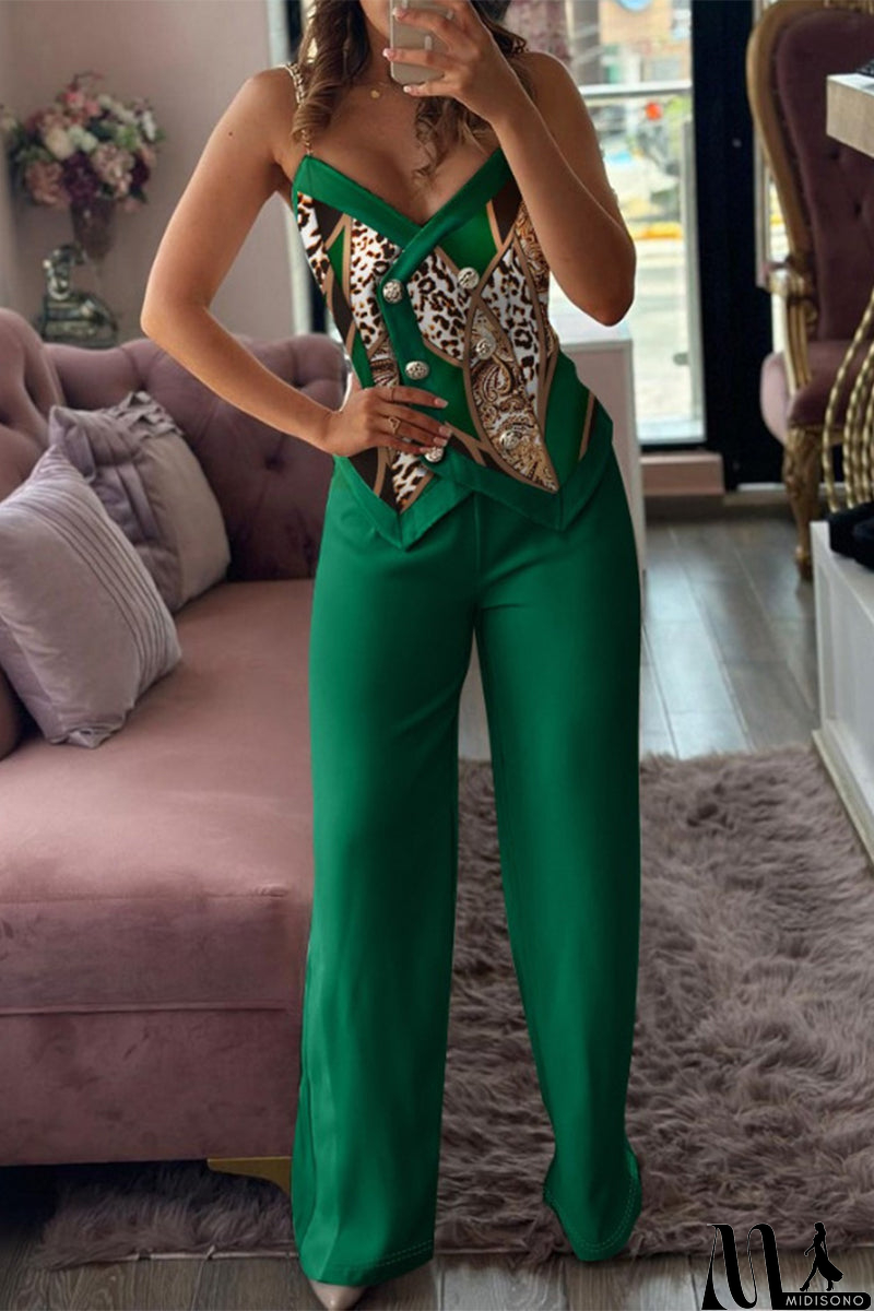 MidiSono - British Style Vintage Geometric Print Buttons Contrast V Neck Sleeveless Two Pieces