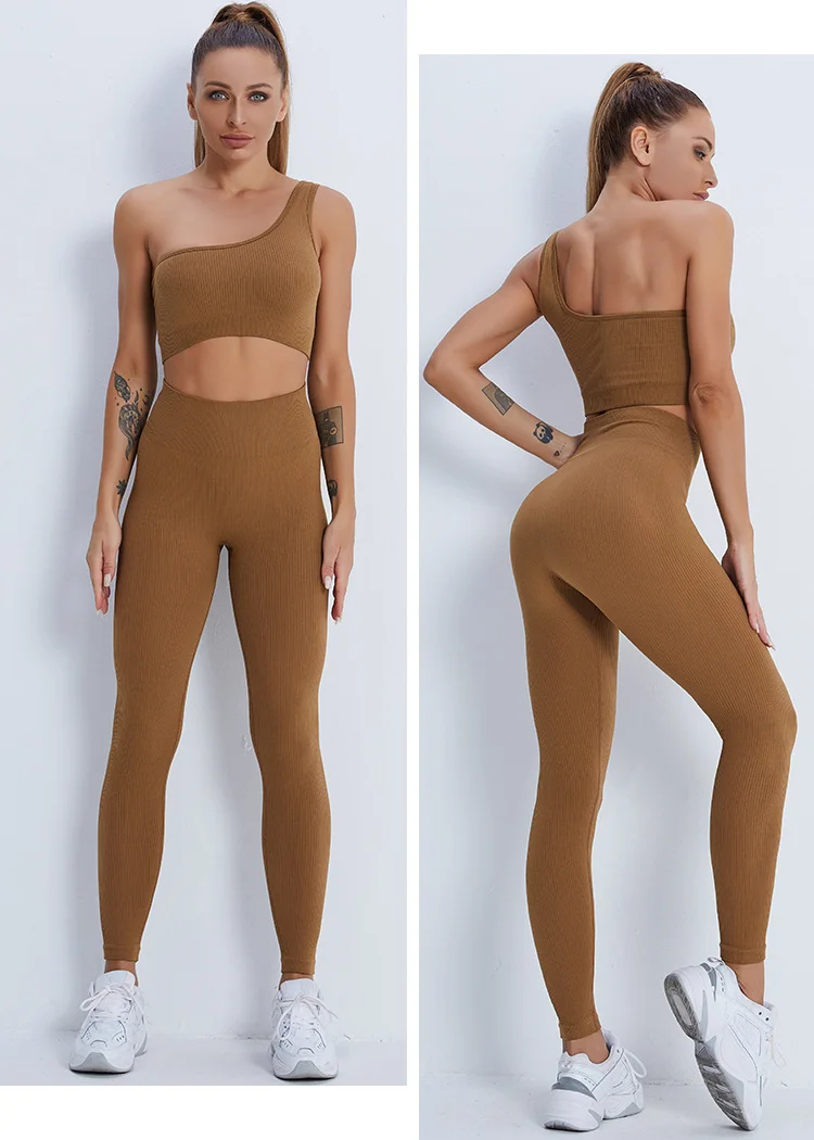 PASUXI Women Seamless 2 Piece Yoga Sets Gym High Waist Suits Sleeveless Fitness Sport Running Sportswear Bra Pants Ribbed Yoga Set huanwei
