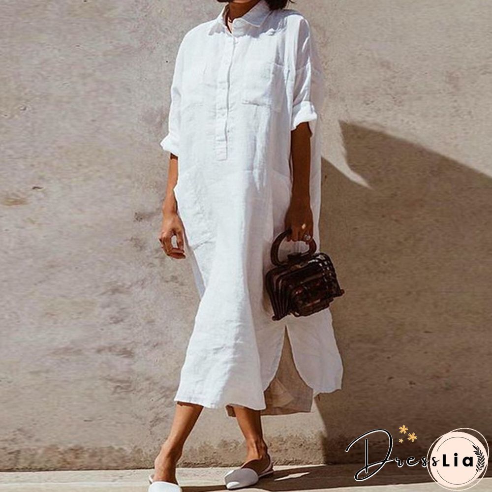 Spring Summer Fashion Women Solid Color Cotton Linen Button Shirt Dress Long Plus Size