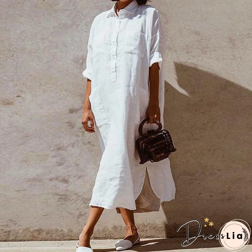 Spring Summer Fashion Women Solid Color Cotton Linen Button Shirt Dress Long Dresses Plus Size