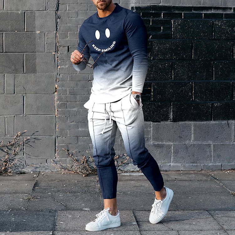 BrosWear Blue And White Smiley T-Shirt And Pants Two Piece Set