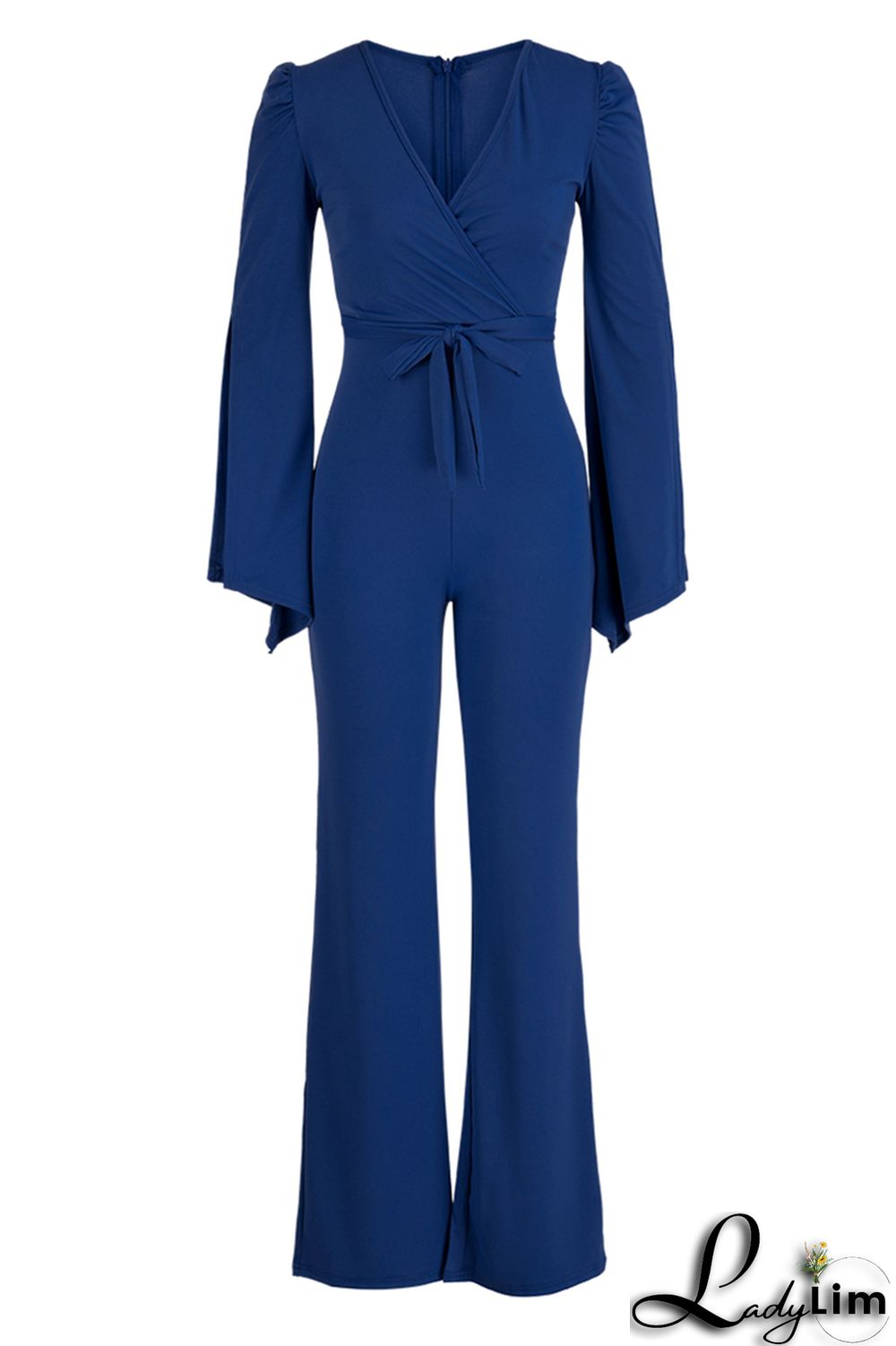 Blue Fashion Casual Solid Bandage Slit V Neck Regular Jumpsuits