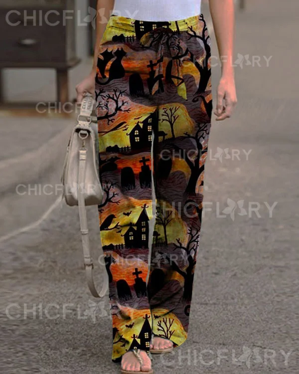 Women's Halloween Castle Print Loose Pants