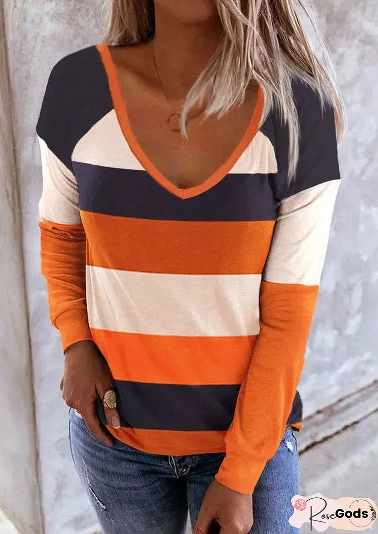 Casual V-Neck Color Stripe Slim Fit Long Sleeve T-Shirt