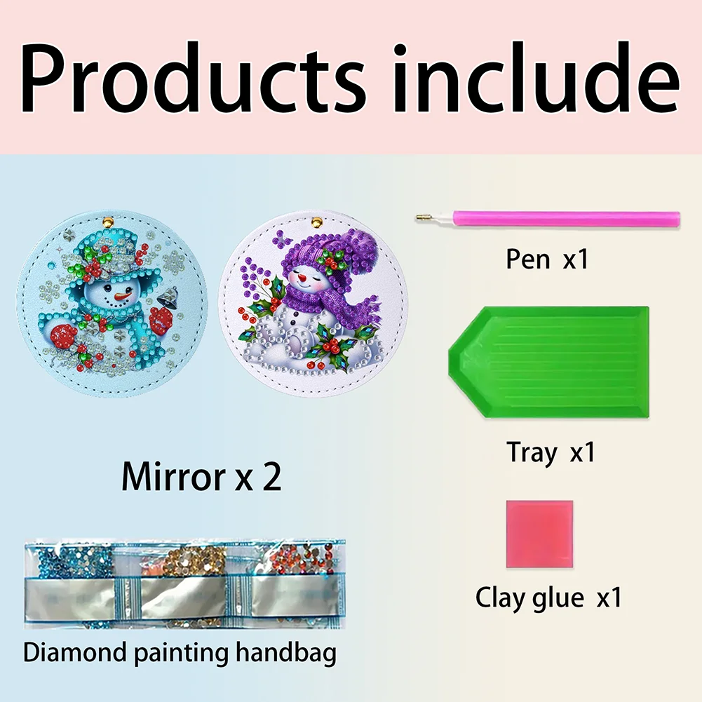 DIY Diamond Art Portable Cosmetic Mirror Round Diamond Painting Crafts (Snowman)