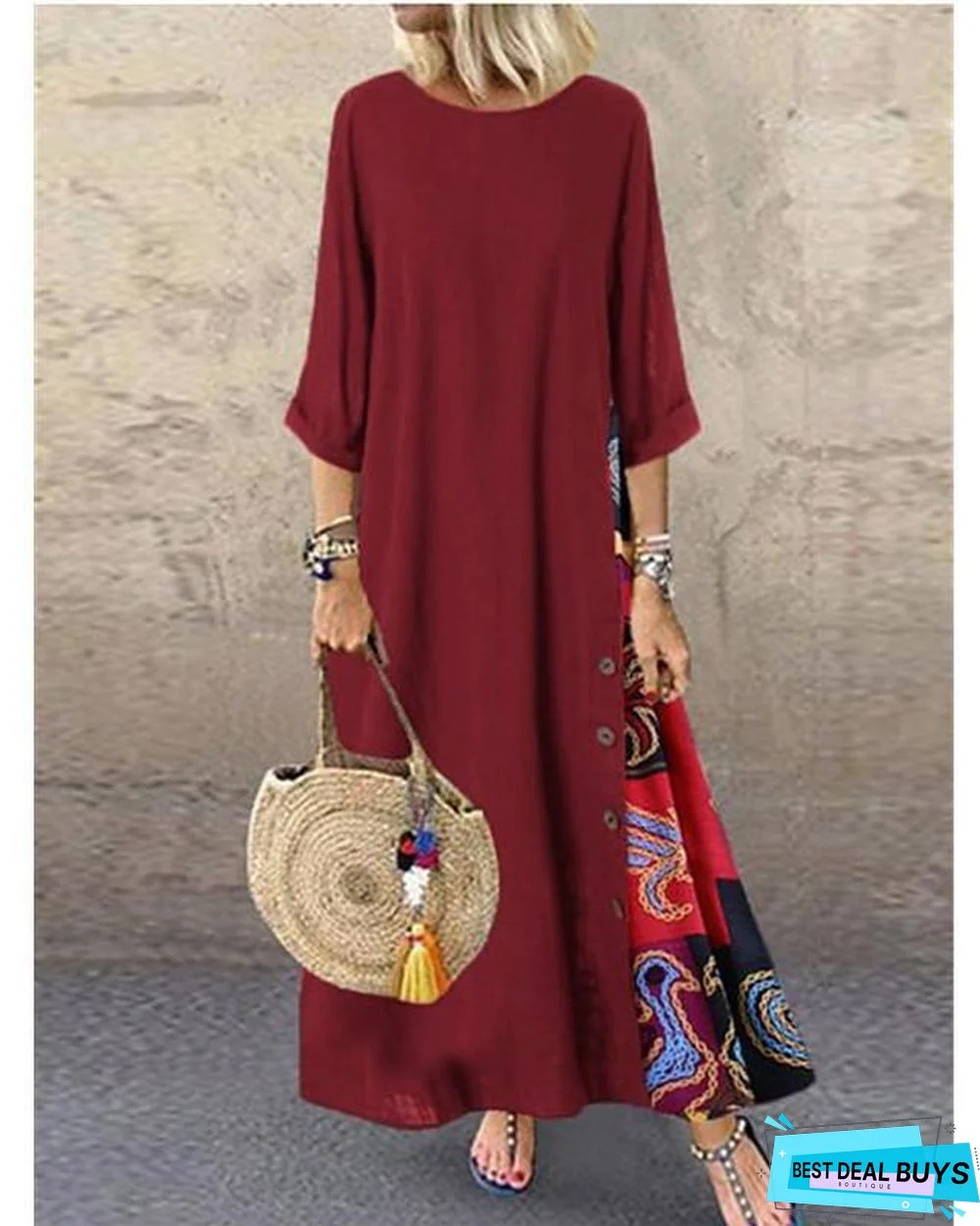 Women's Swing Dress Maxi Long Dress - 3/4 Length Sleeve Print Spring & Summer Hot Casual Holiday Vacation Dresses Loose Red Yellow Wine Army Green Navy Blue Gray L
