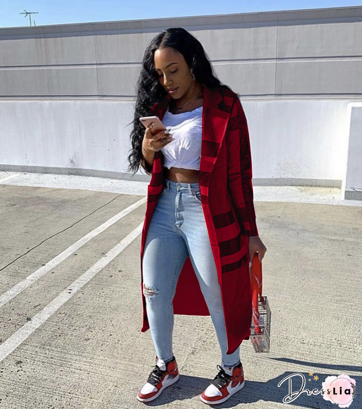 Plaid Print Turn Down Collar Long Sleeve Trench Coat