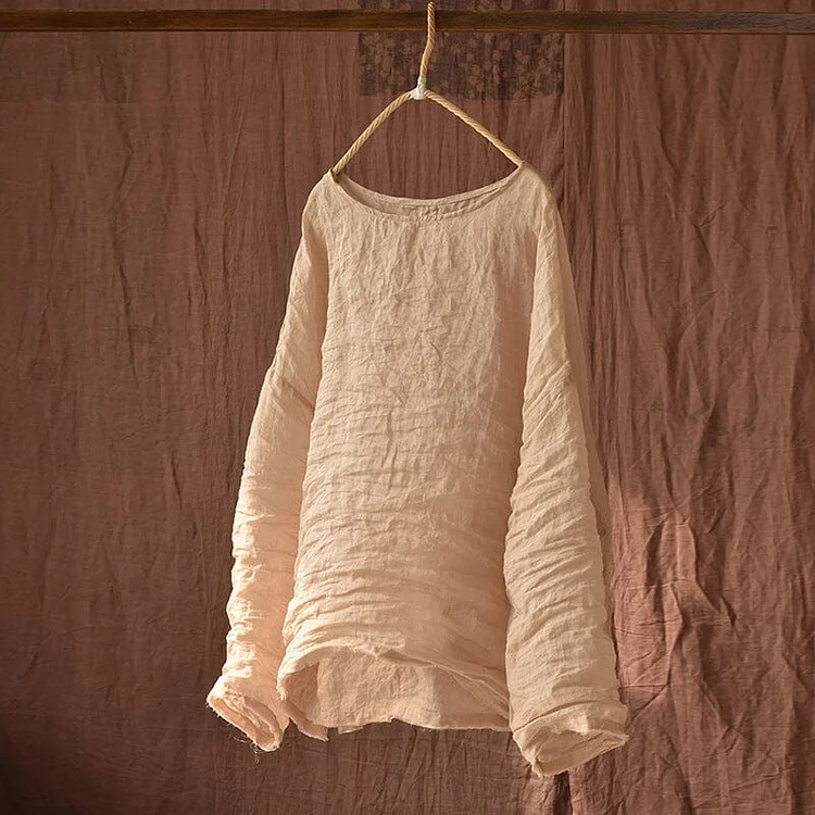 Spring Summer Retro Pleated Solid Linen Blouse