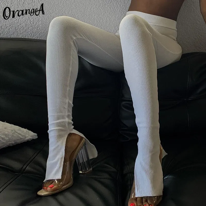 OrangeA 2021 fashion Summer women ribbed split high waist leggings solid color elastic high casual sportwear sweatpants trousers