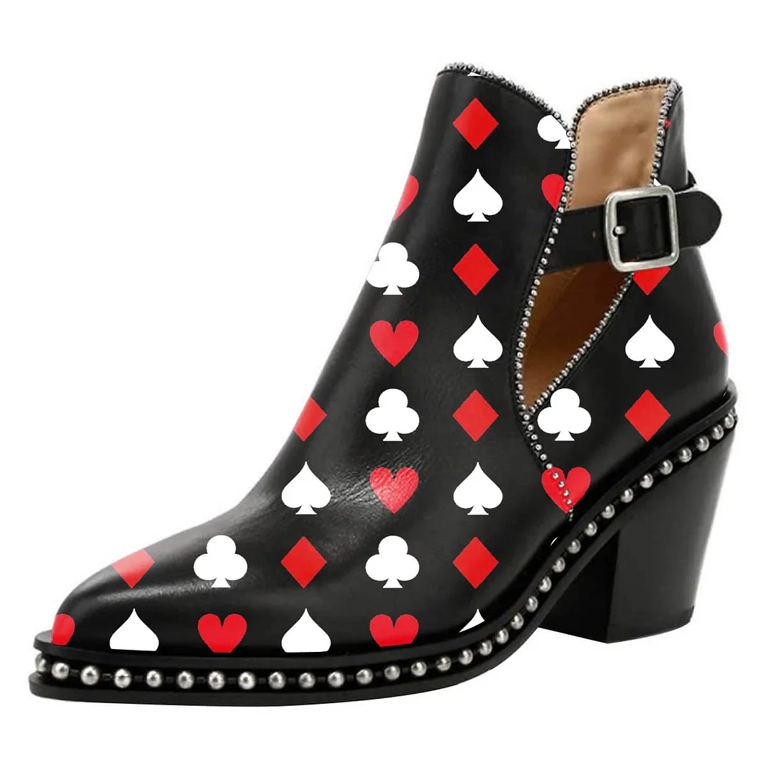 Poker Print Studded Buckle Strap Pointed Toe Chunky Heeled Booties