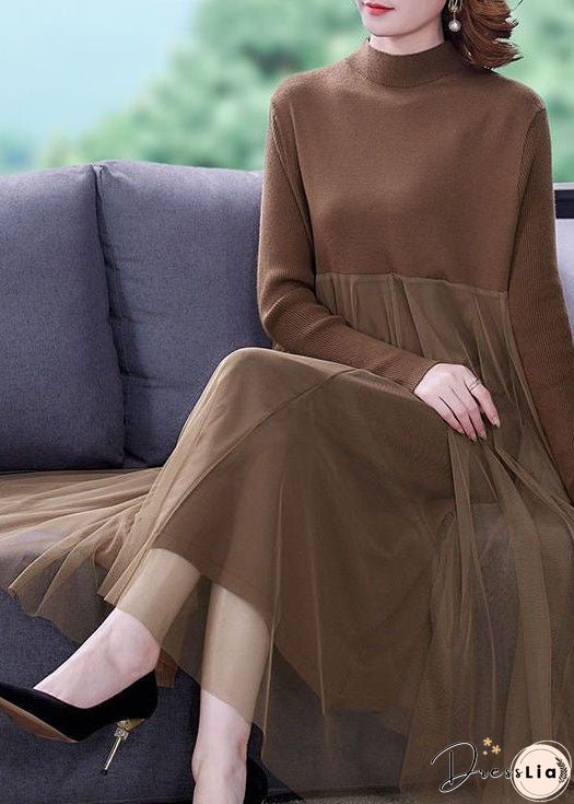 Unique Khaki Stand Collar Tulle Patchwork Knit Long Dress Long Sleeve
