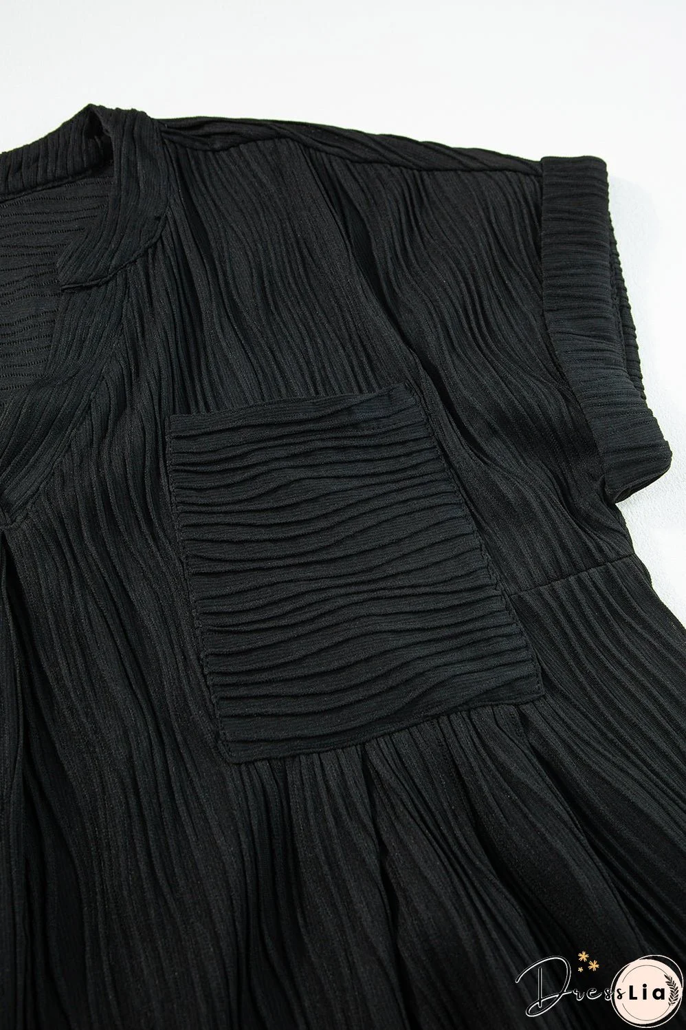 Black Textured V Neck Short Sleeve Pockted Mini Dress