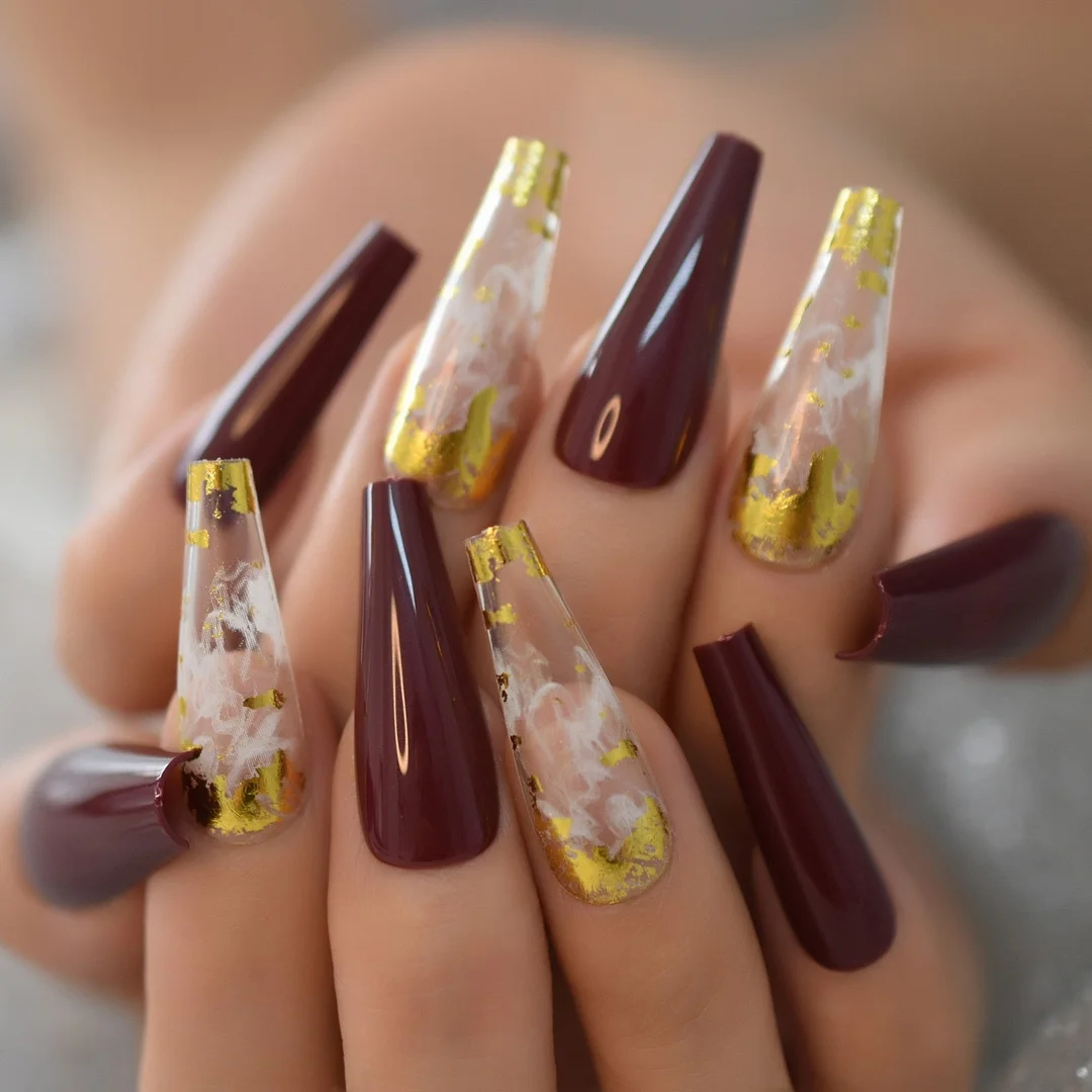 Glossy 24Pcs 6Pcs Foil Set Extra Long Fake Nails Fingernails Art Coffin Nails Tip Simple Design Supplies For Professionals EchiQ-Nail Inspo