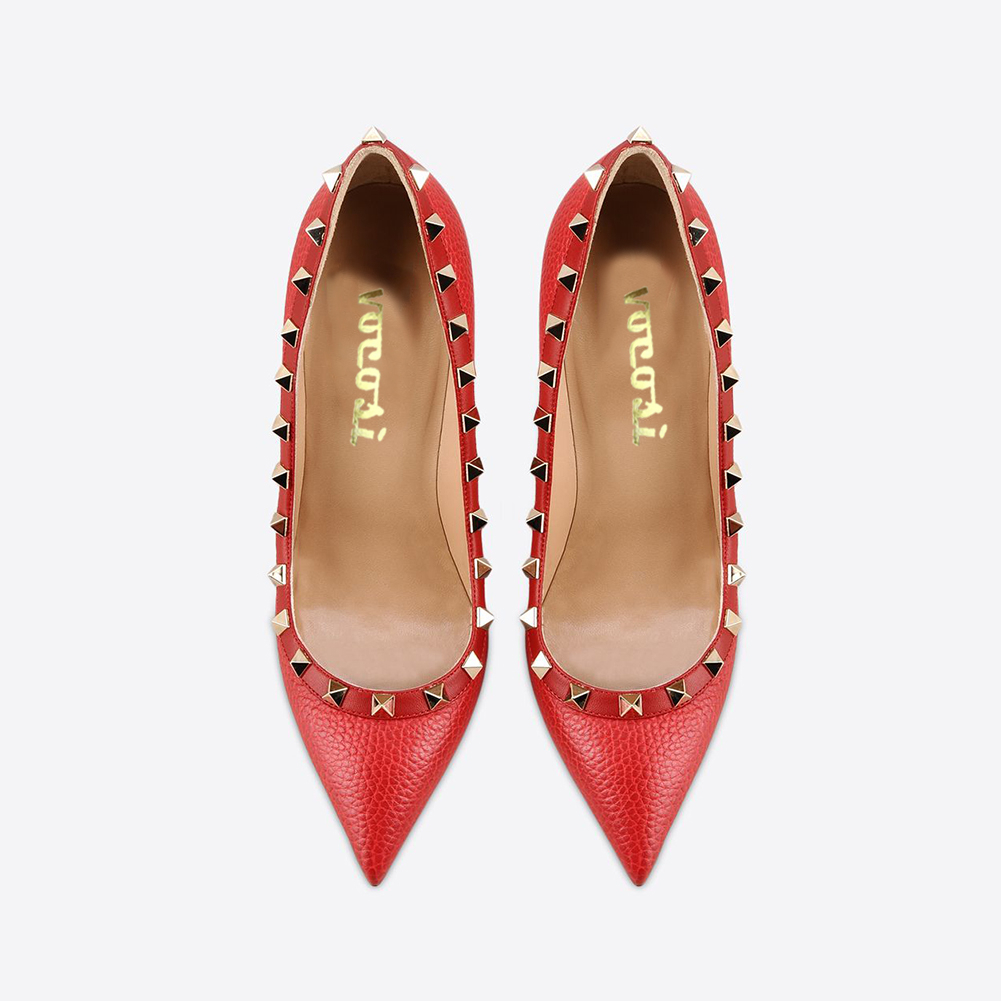 100mm Women's Sexy Pointy Toe Studs Stilettos High Heels Rivets Shoes Red Lines-vocosishoes