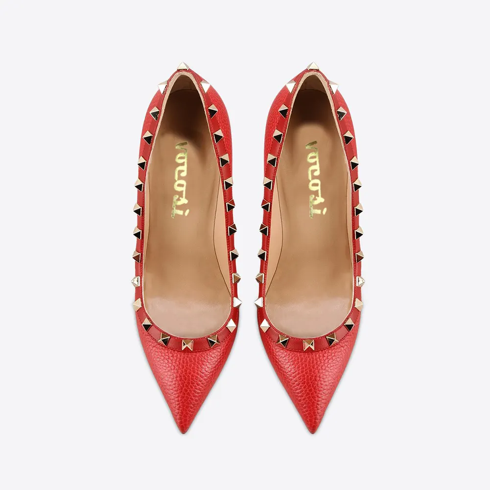 100mm Women's Sexy Pointy Toe Studs Stilettos High Heels Rivets Shoes Red Lines-vocosishoes