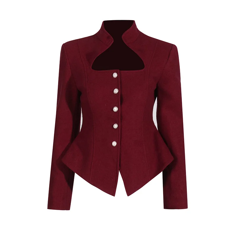Zingj British Wind 2025 New Standing Collar Hollow Out Waist Irregular Short Texture Long Sleeve Suit Jacket Female