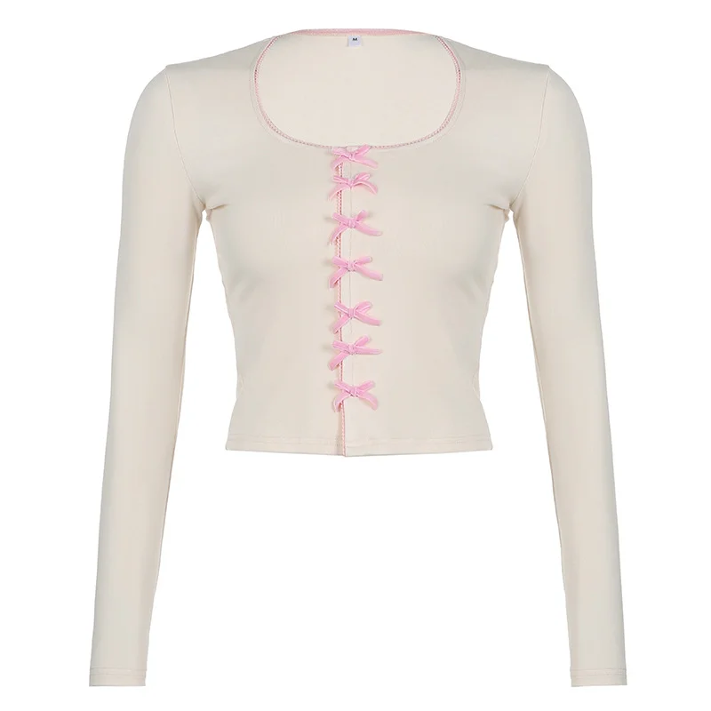 Ueong Desire Young Girl Feeling Bow Tie U-Shaped Slim Long-Sleeved T-Shirt 2024 Spring / Summer New Fashion Blouse